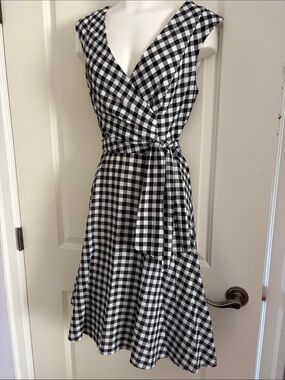 Calvin Klein Black and White Gingham Midi Wrap Dress